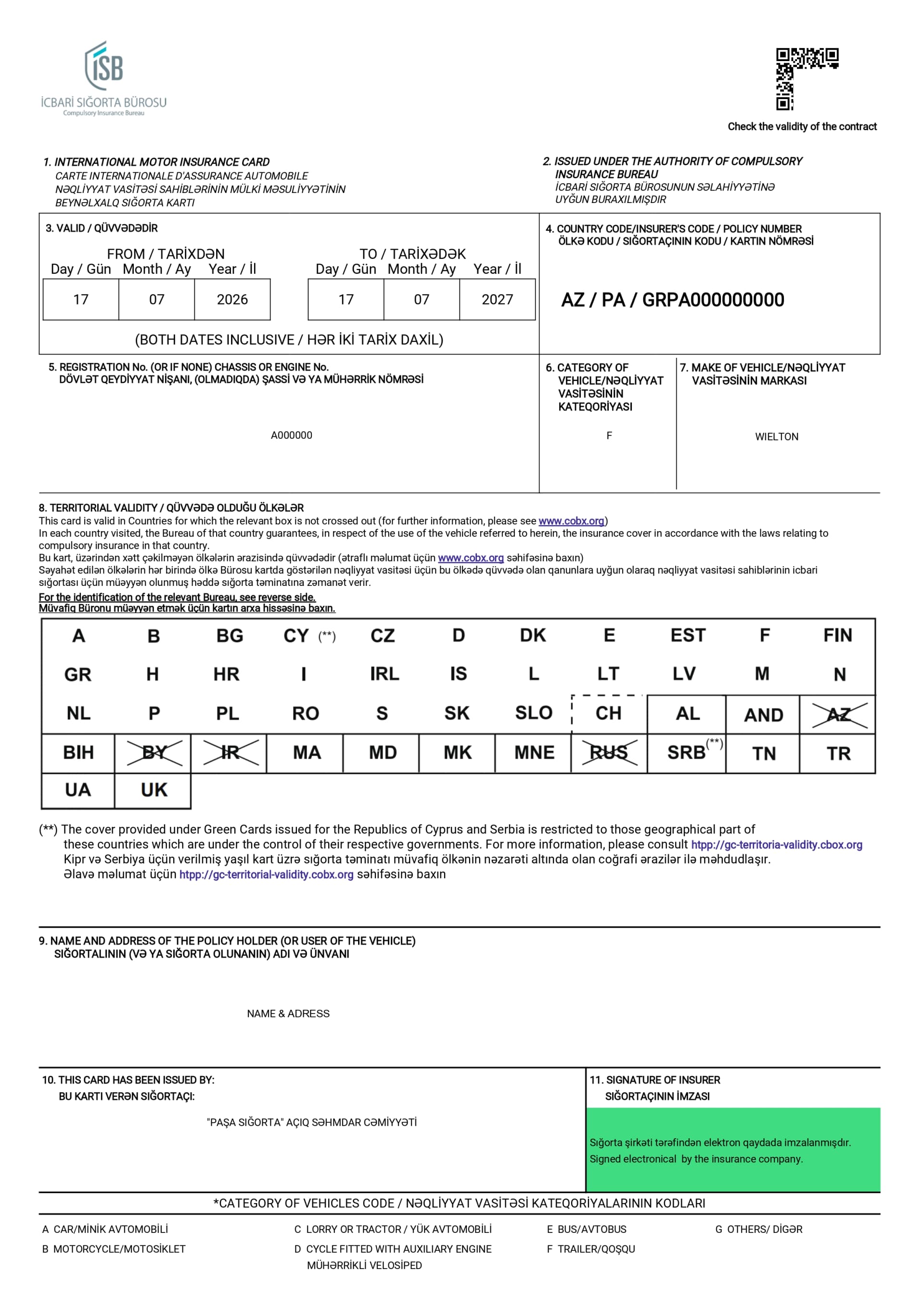 Образец Green Card International Motor Insurance Card, выданной PAŞA SIĞORTA